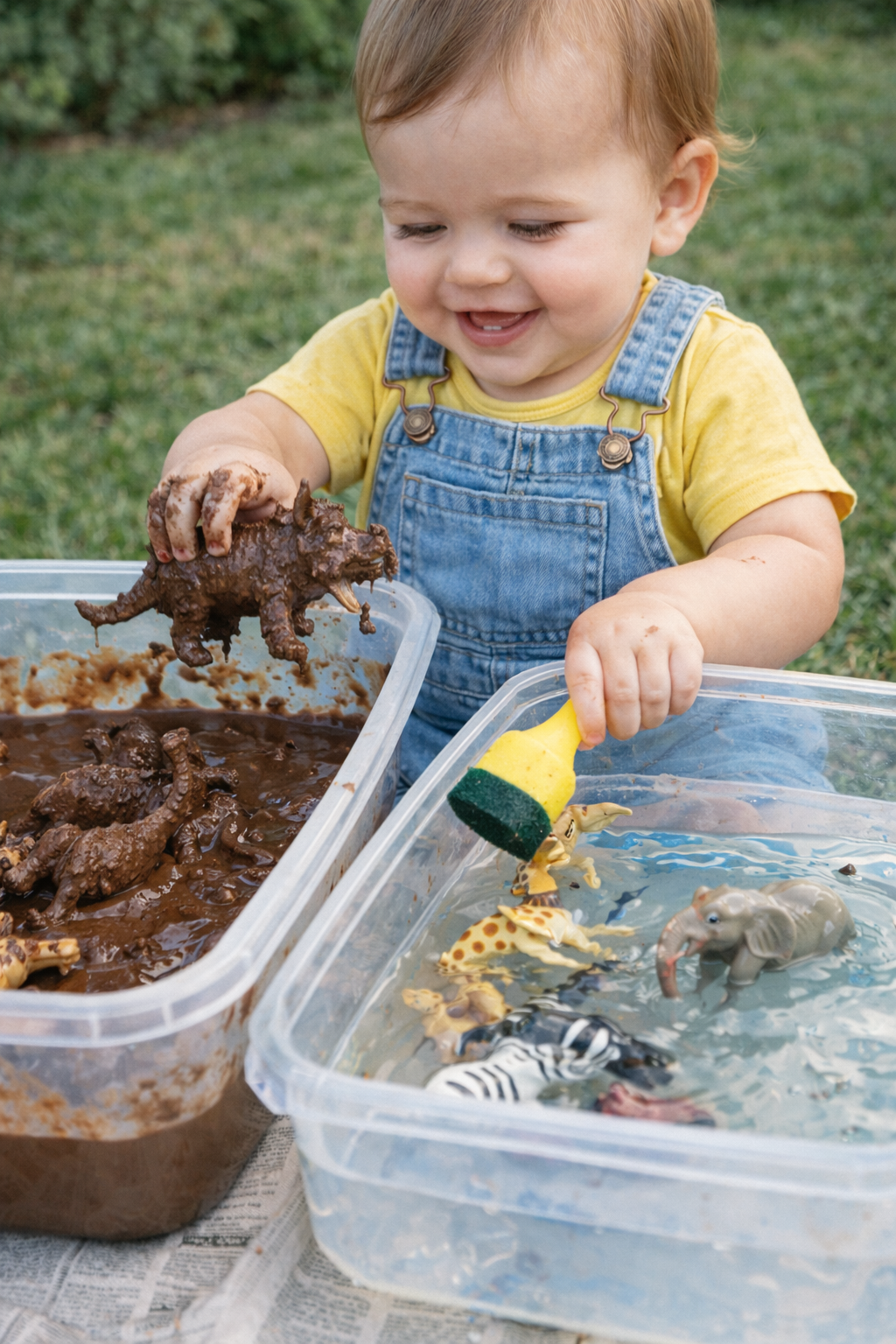 Child washing toy animals in a basin of soapy water, pretend play