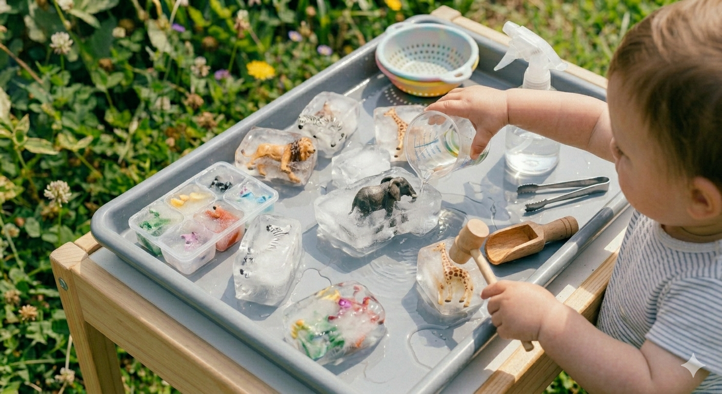 Toddler chipping a frozen toy free from a block of ice with a spoon and warm water