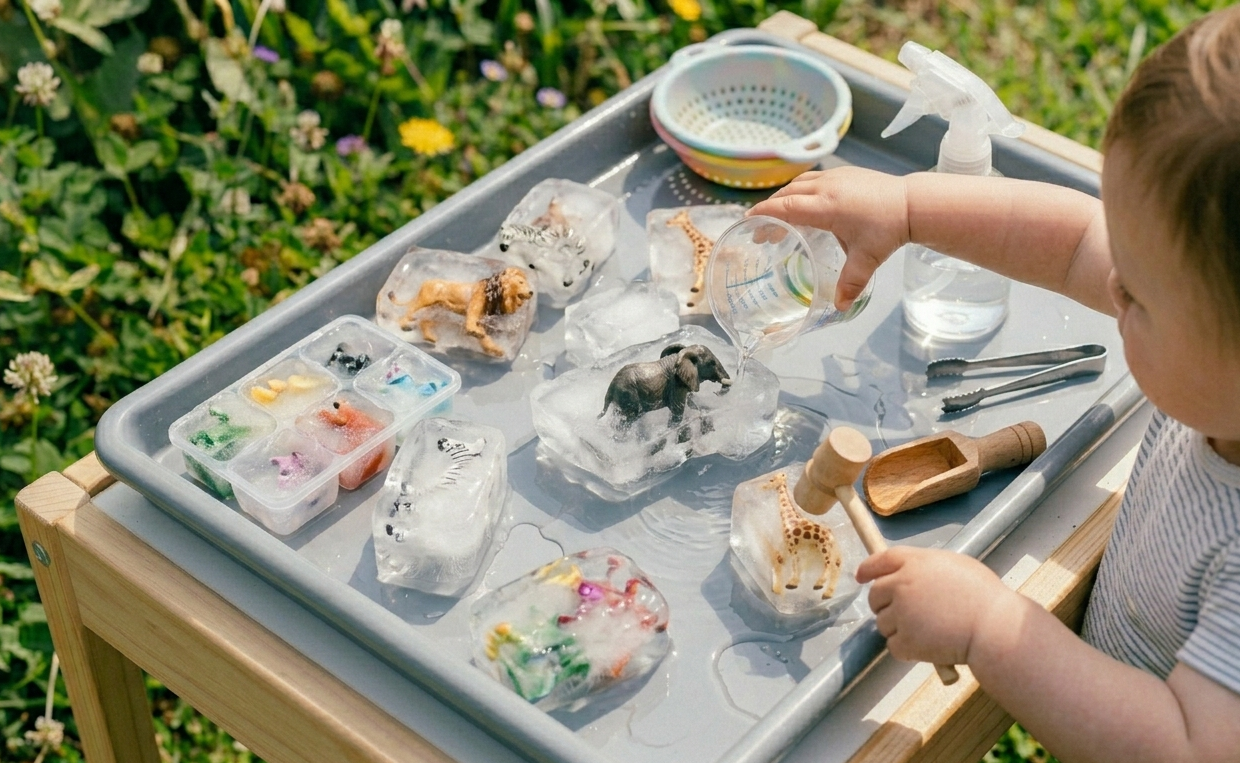 Child playing ice excavation activity outdoors in summer