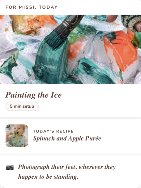 Today's Three screen inside the Joyora app, showing today's activity, recipe, and memory prompt