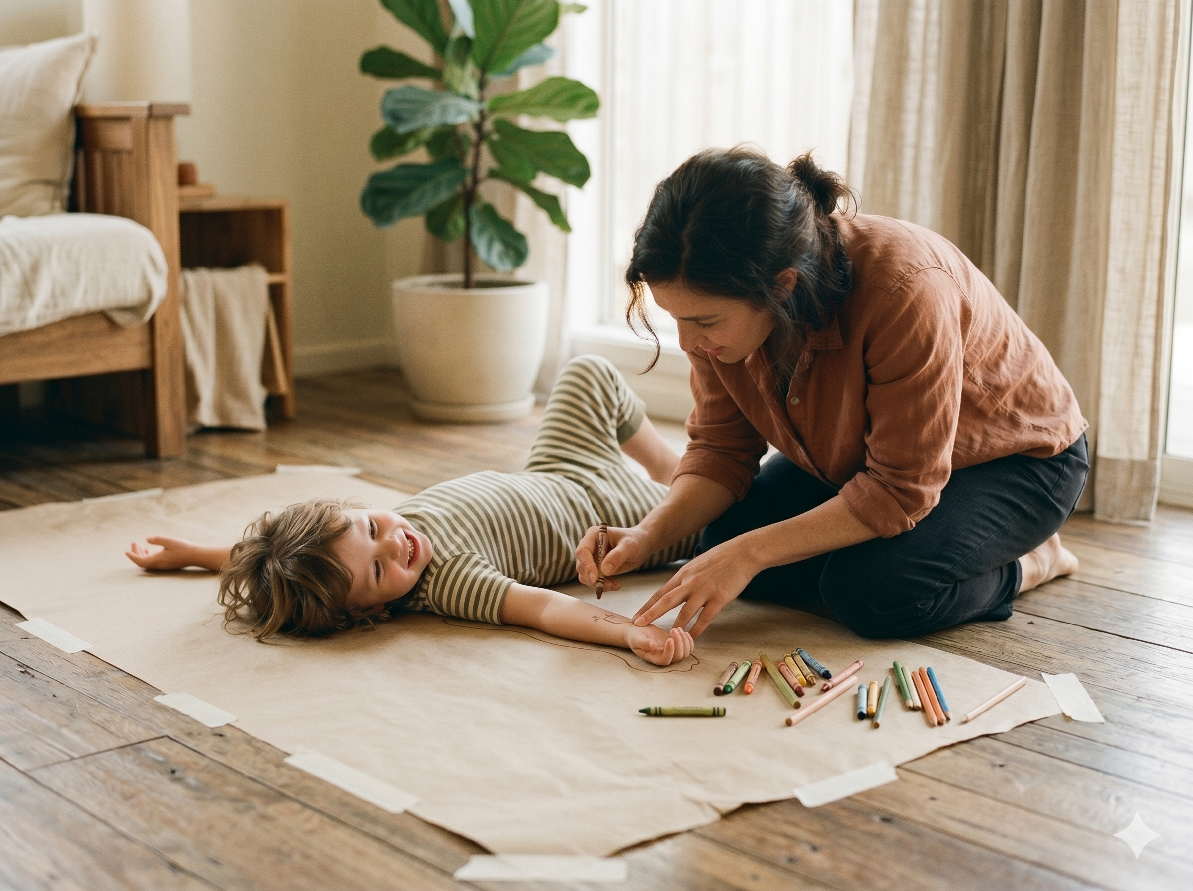 Child lying on large paper being traced with crayons