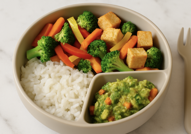 Vegetable stir-fry with tofu in a bowl