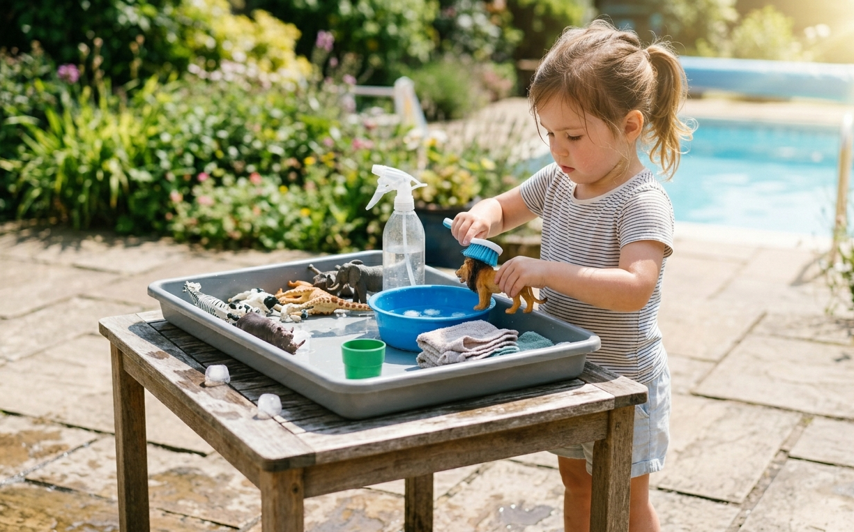 Toy animals being washed in a bowl of water