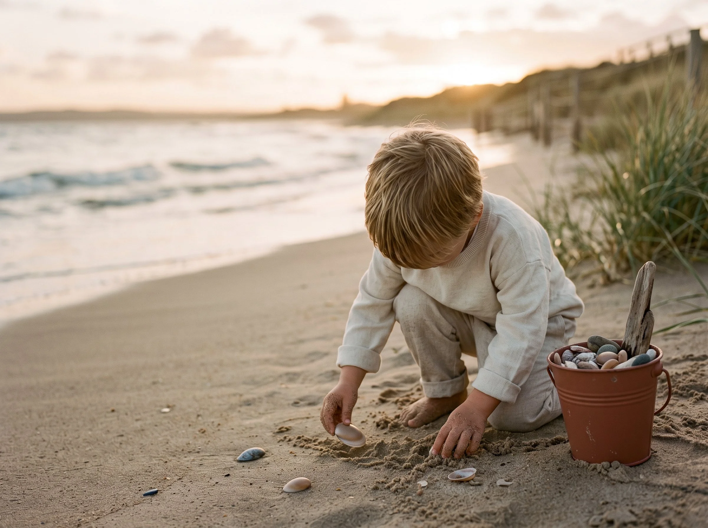 Toddler collecting shells and sticks on a beach for a nature scavenger hunt