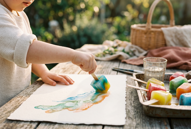 Child painting with melting frozen ice cube paints on paper