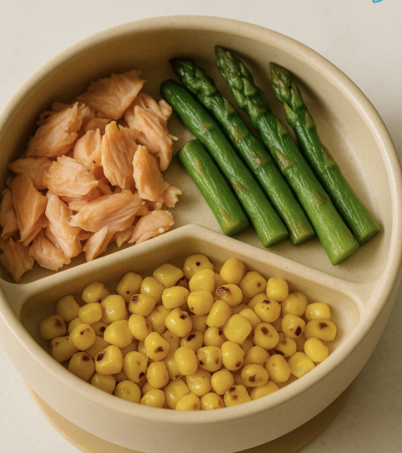 Roasted salmon plated separately with asparagus and sweet corn