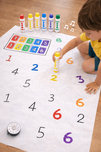 Preschooler using coloured dot markers to match numbers to a colour key