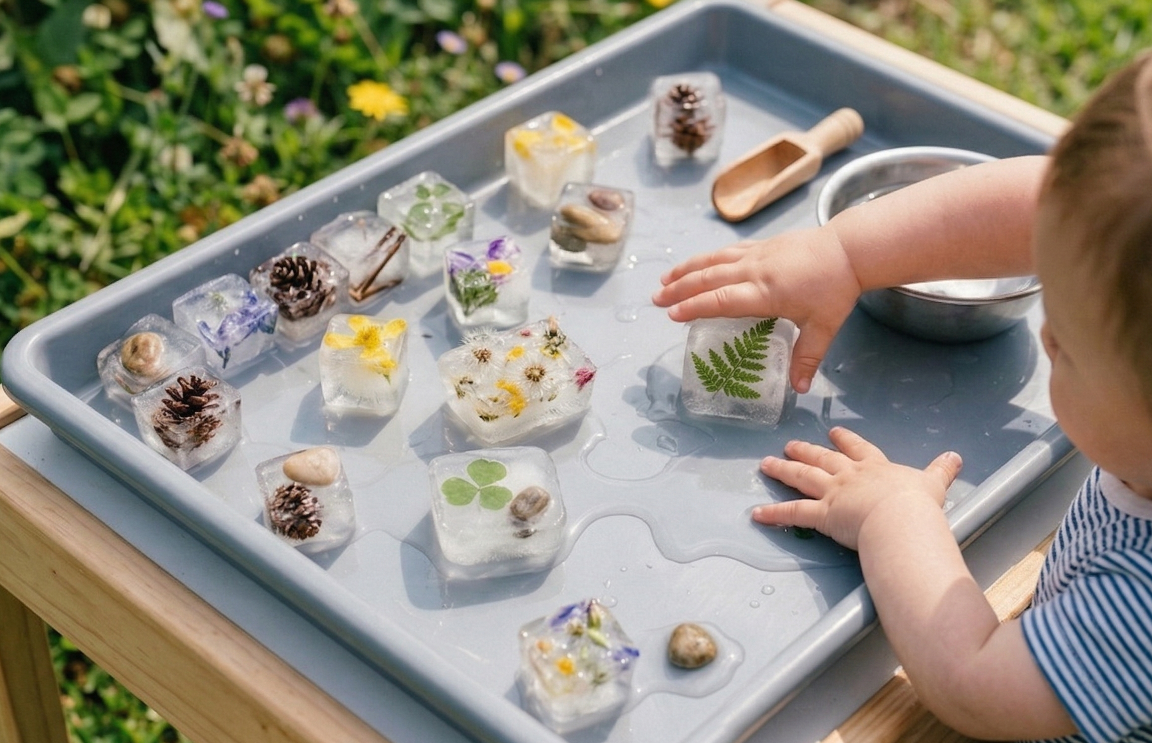 Flowers and leaves frozen inside ice cubes