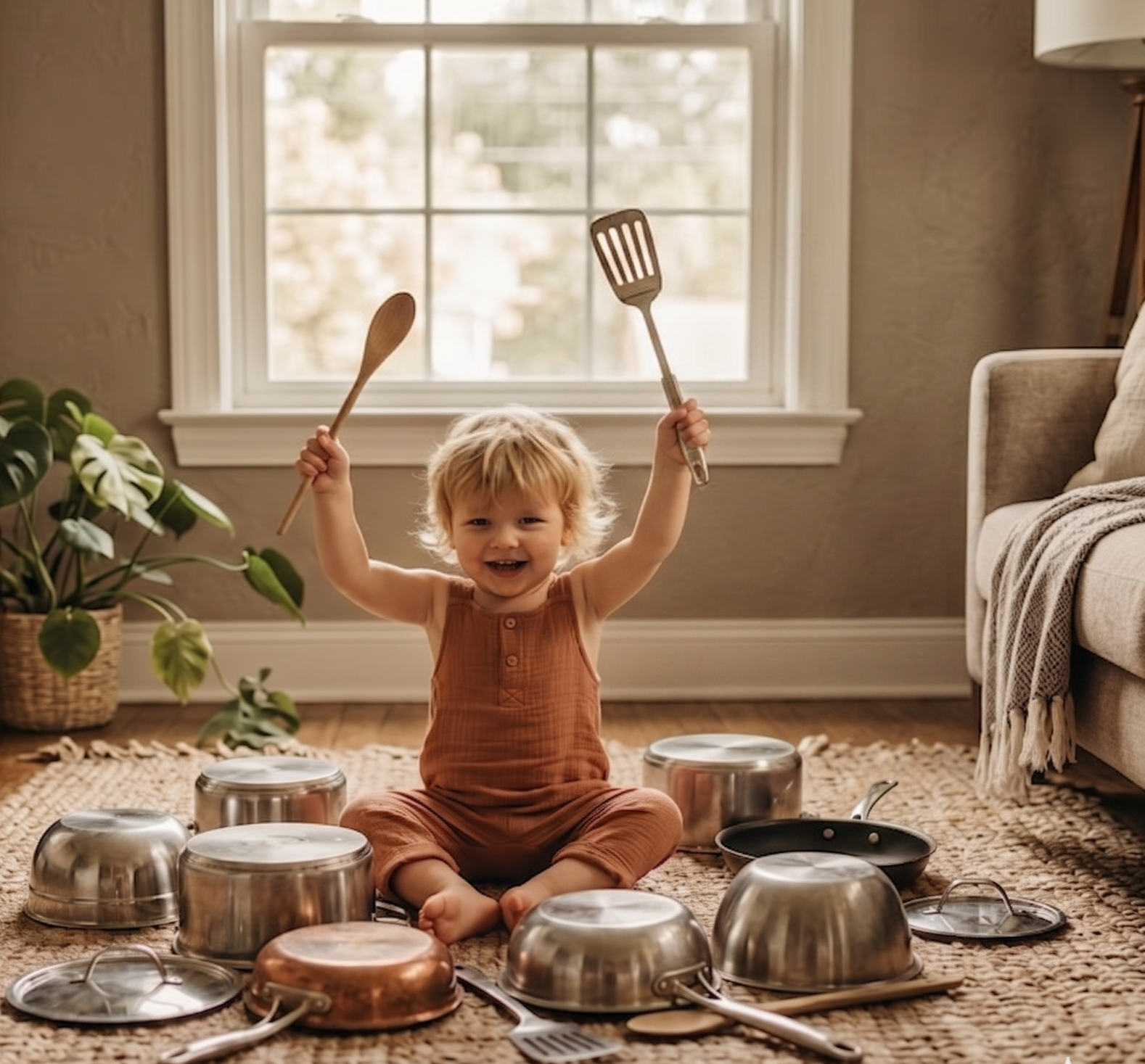 Child playing with pots and pans on the kitchen floor on a rainy day