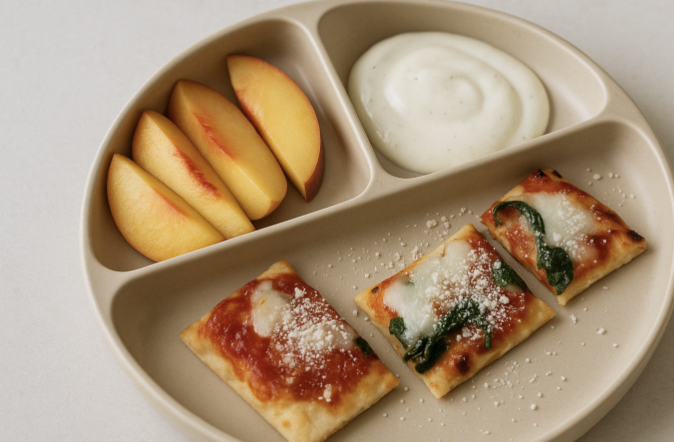 Flatbread pizza plate with toppings kept separate for a toddler to build their own