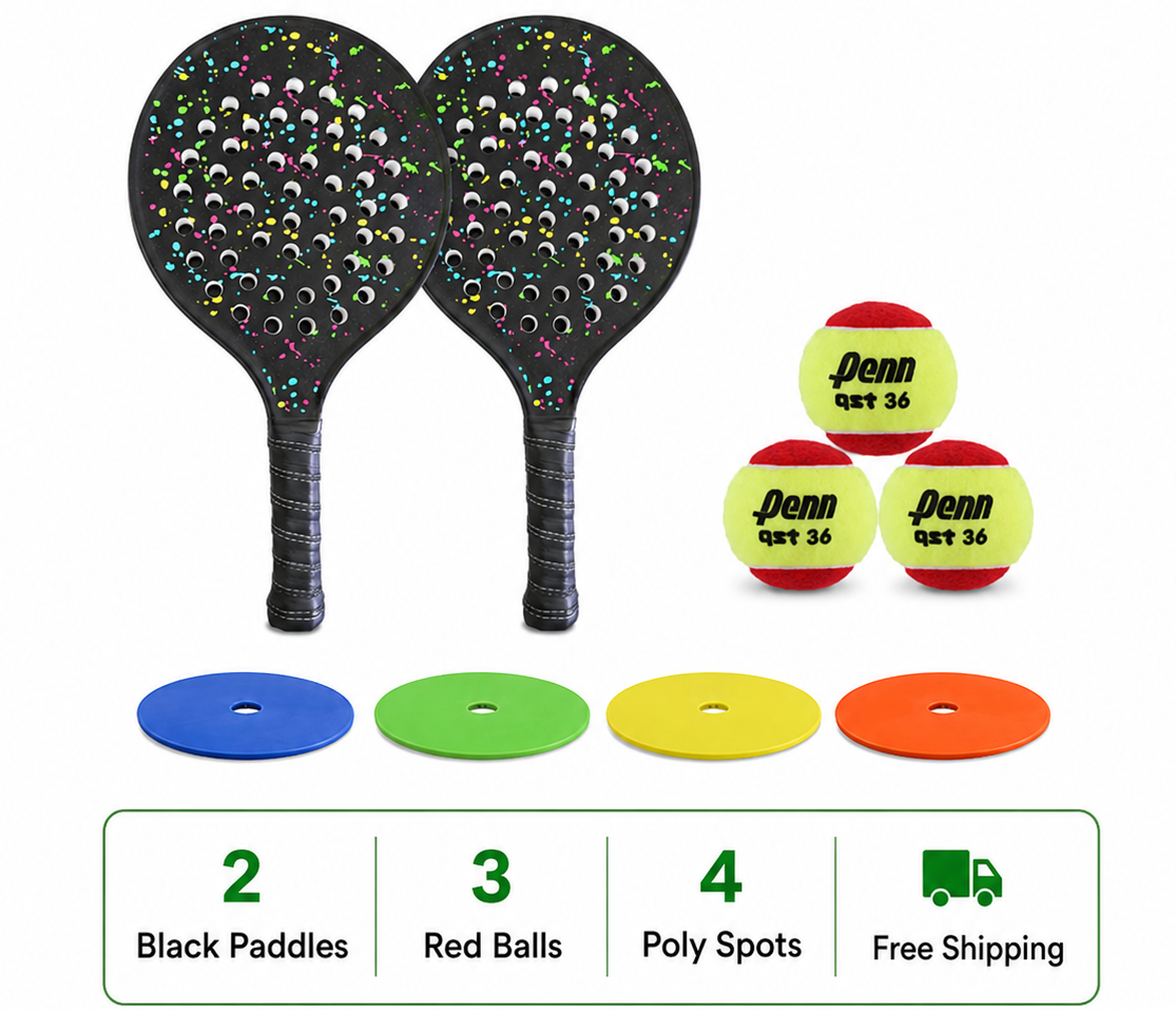 Paddle Starter Pack with black paddles, red balls, and poly spots