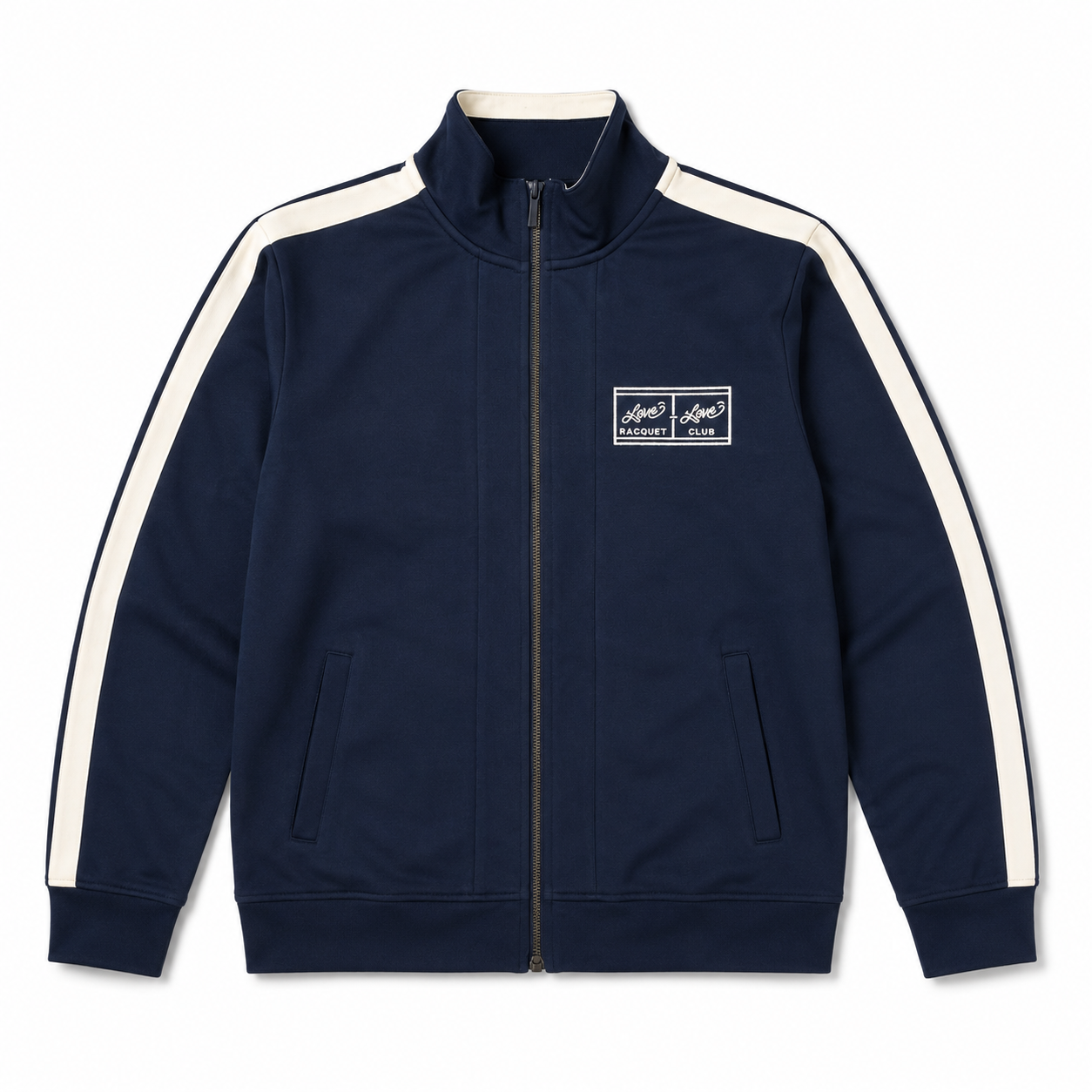 Navy and white Love Love Racquet Club track jacket