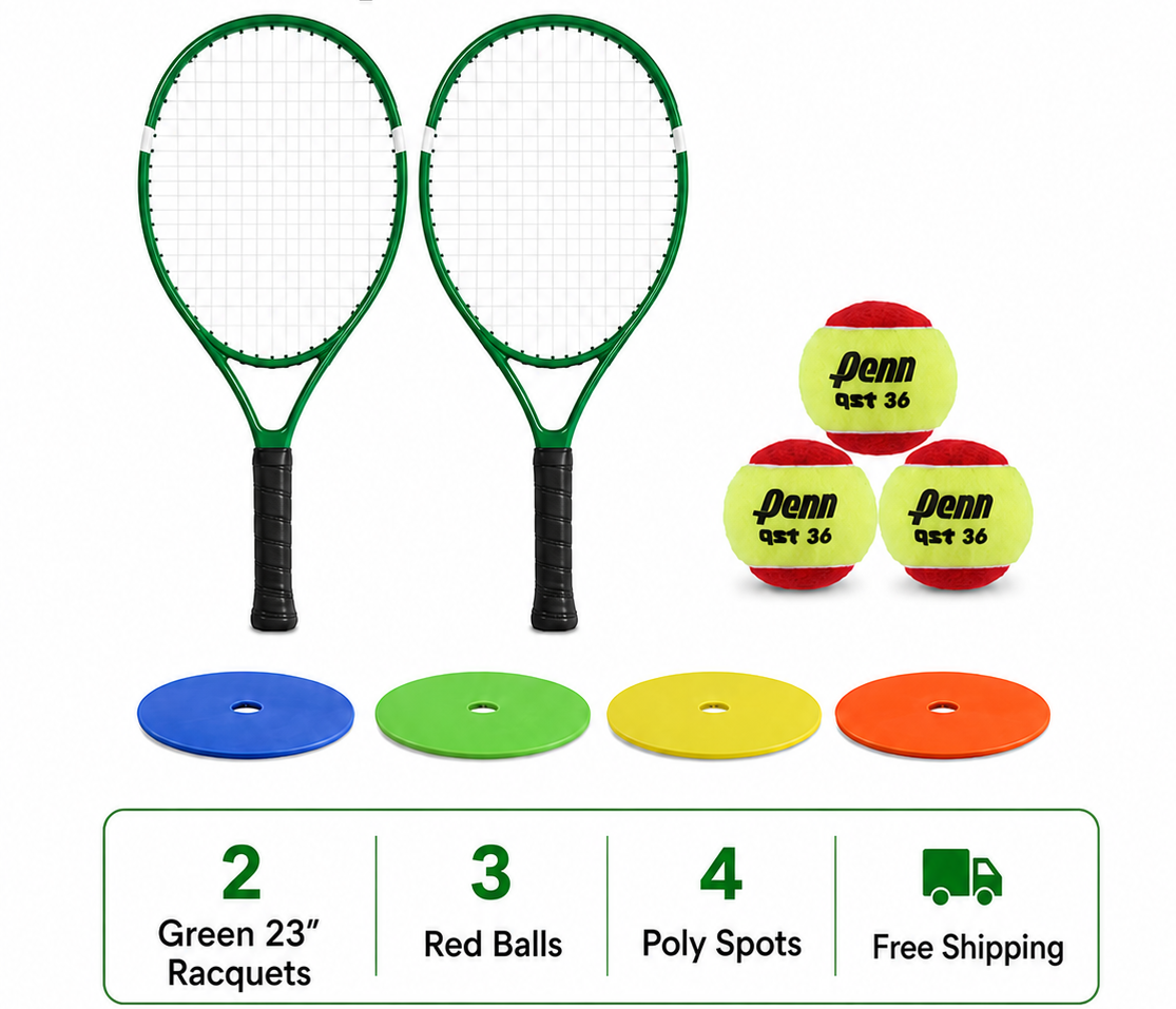 Racquet Starter Pack with green 23 inch racquets, red balls, and poly spots