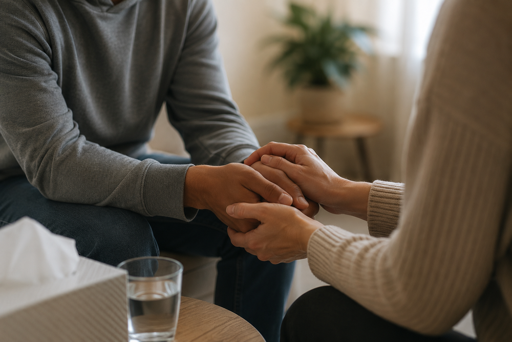 Two people&rsquo;s hands clasped together in a quiet moment of support