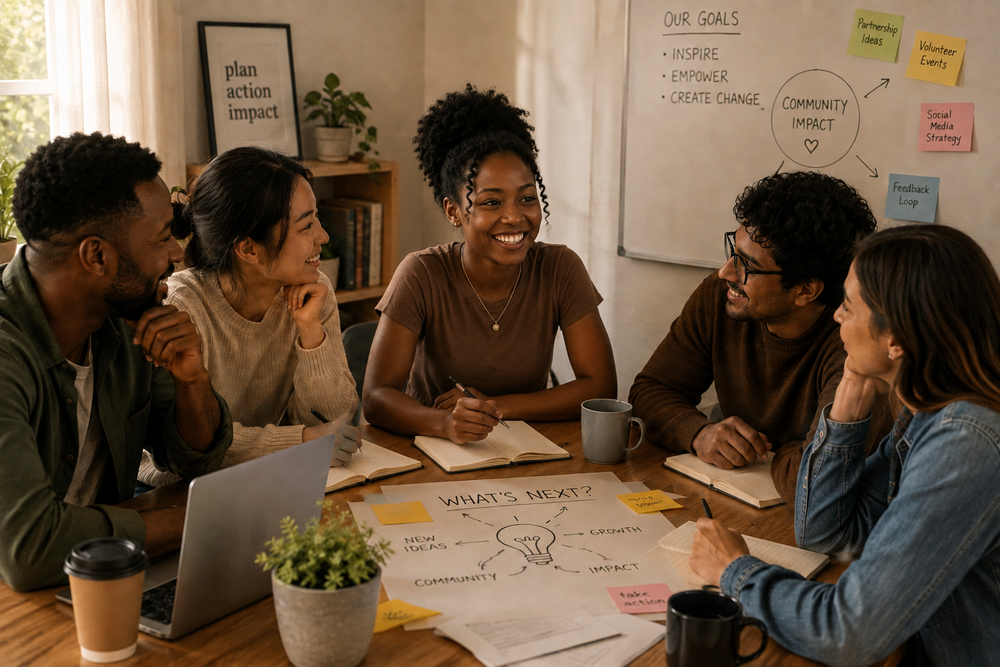 A small group of adults planning together around a table, mapping out ideas