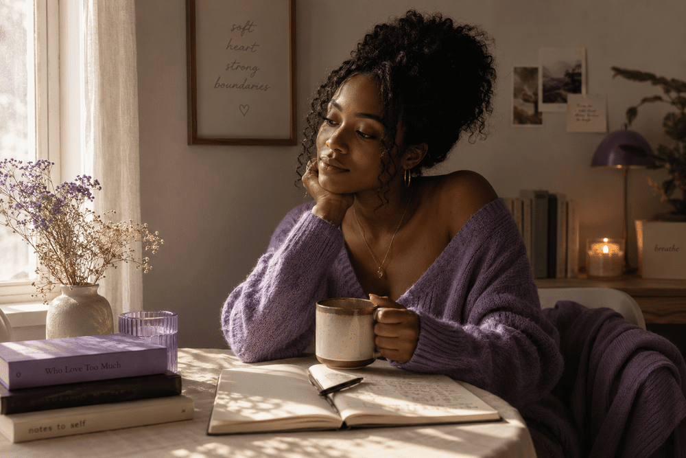 A woman journaling quietly with a warm drink in a sunlit room