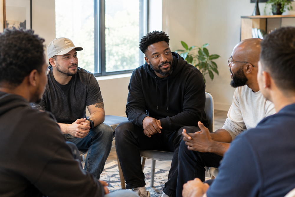 A group of men seated in a circle, talking together in a bright room