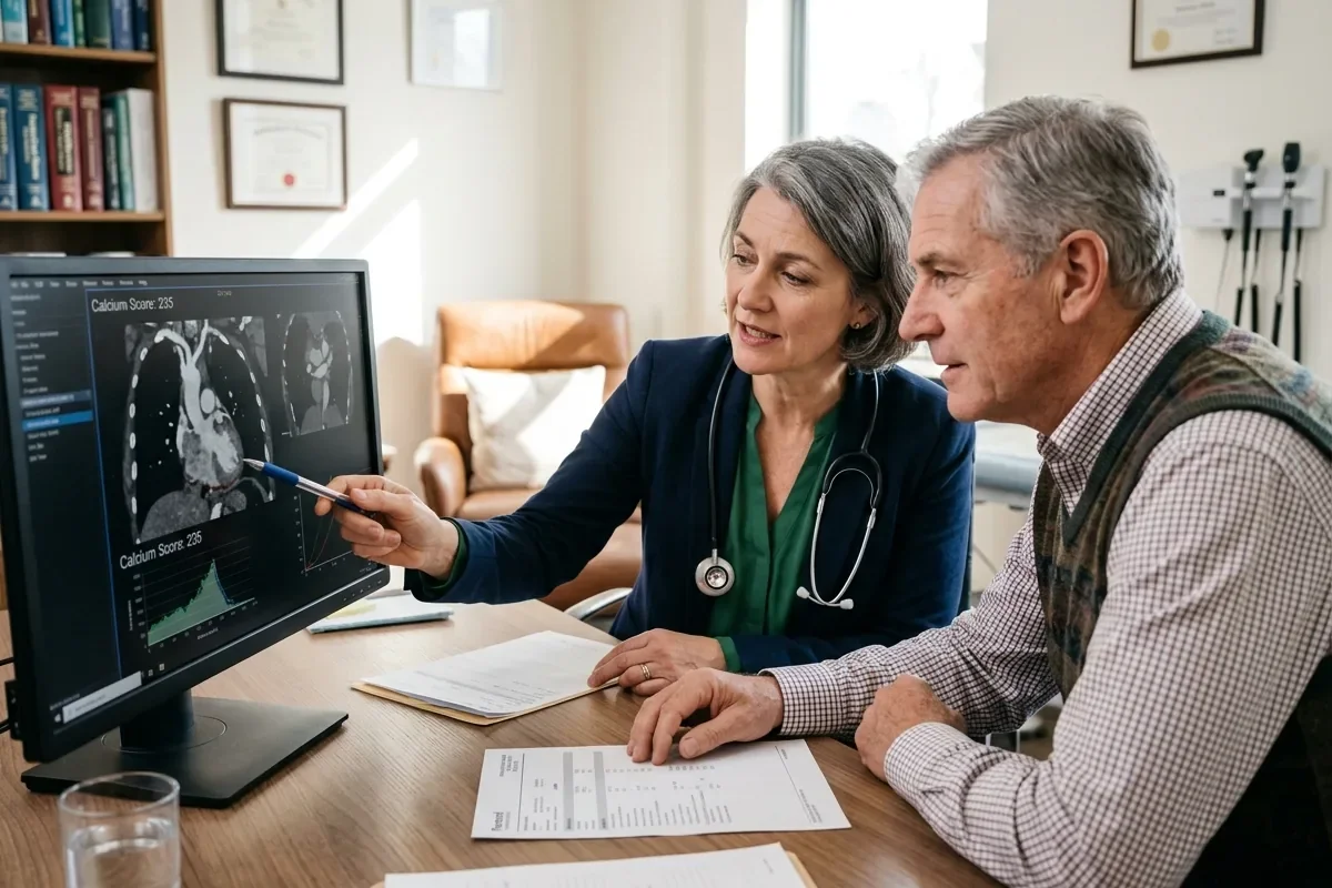 Boca Raton physician reviewing a coronary calcium score with a patient to assess heart risk