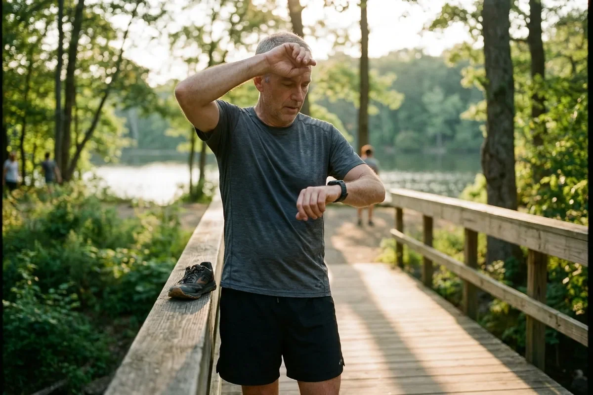 Man checking fitness watch outdoors as part of preventive men's health in Boca Raton