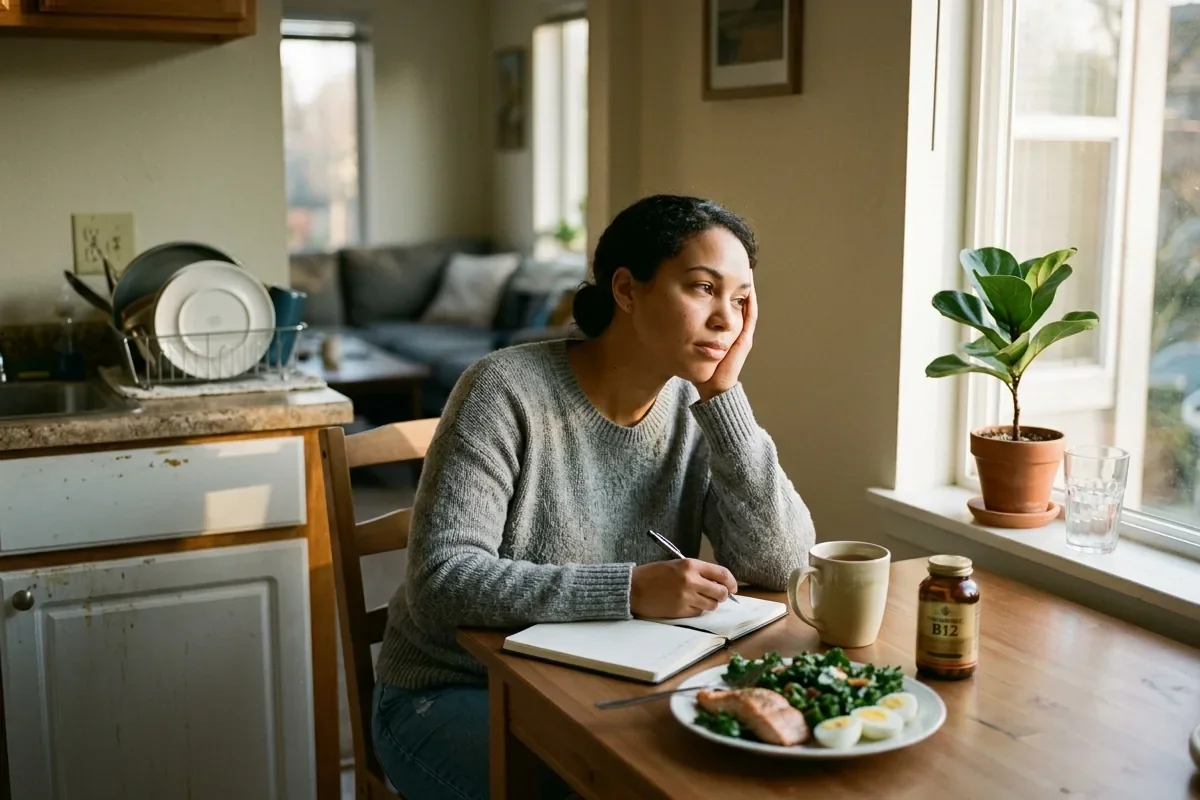 Woman reviewing nutrition and supplements as part of vitamin D deficiency testing