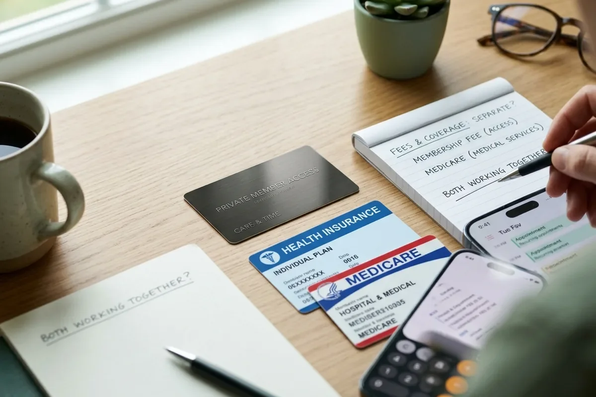 Insurance cards and membership note showing how concierge care and DPC handle billing differently