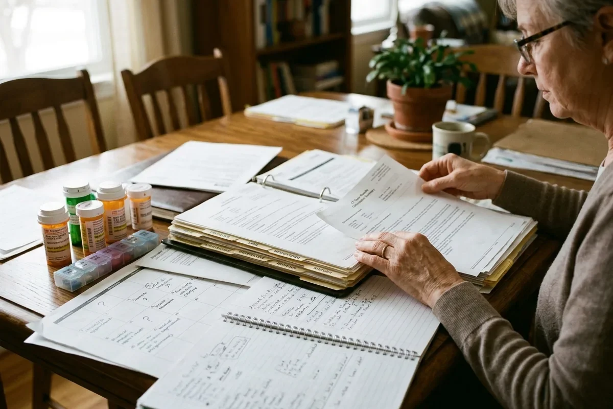 Patient reviewing medications and medical records for direct physician communication