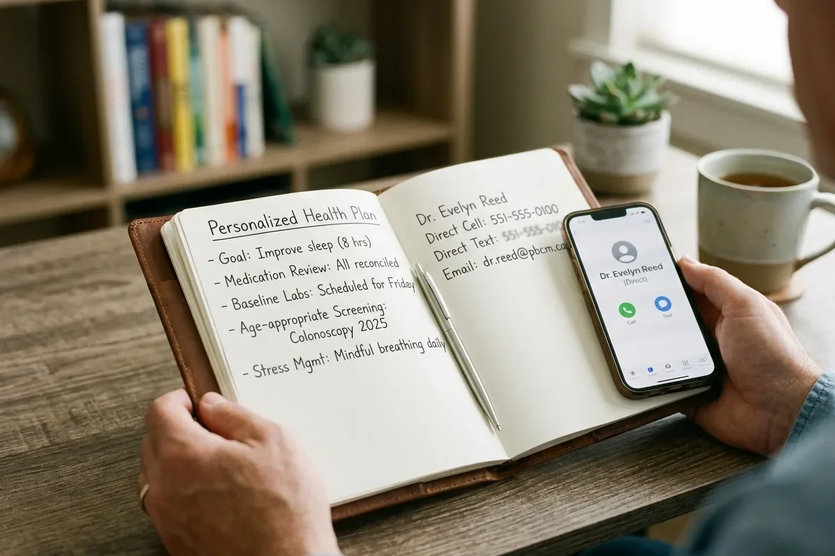 Handwritten preventive health plan and smartphone used to track primary care follow-up