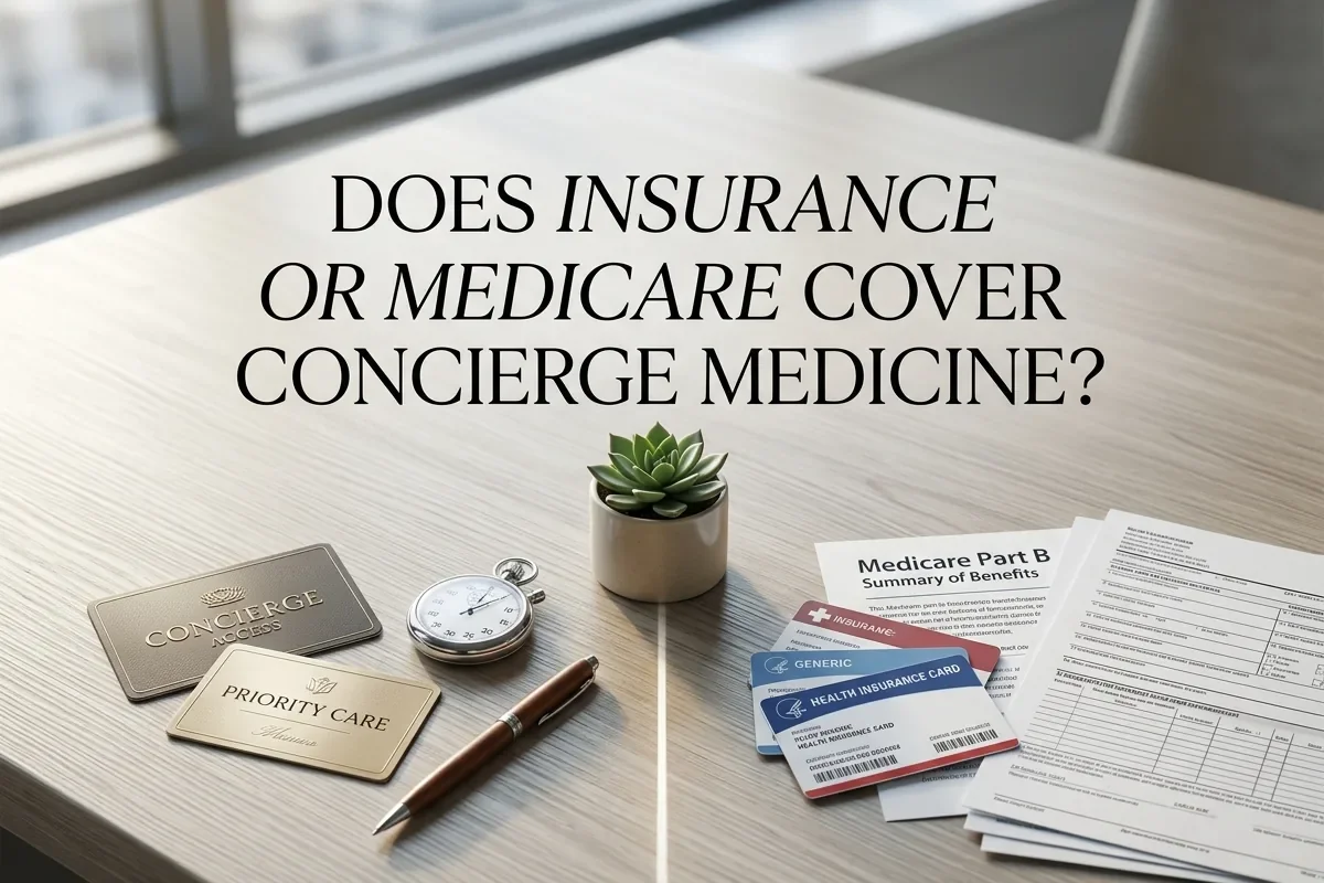 Insurance and Medicare documents on a desk for concierge medicine coverage review
