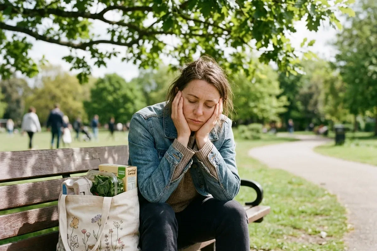 Tired woman resting on a park bench before discussing fatigue and vitamin testing with a physician