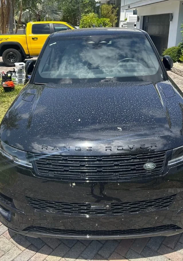Before wash and wax on black SUV — road film and water spots, Aventura