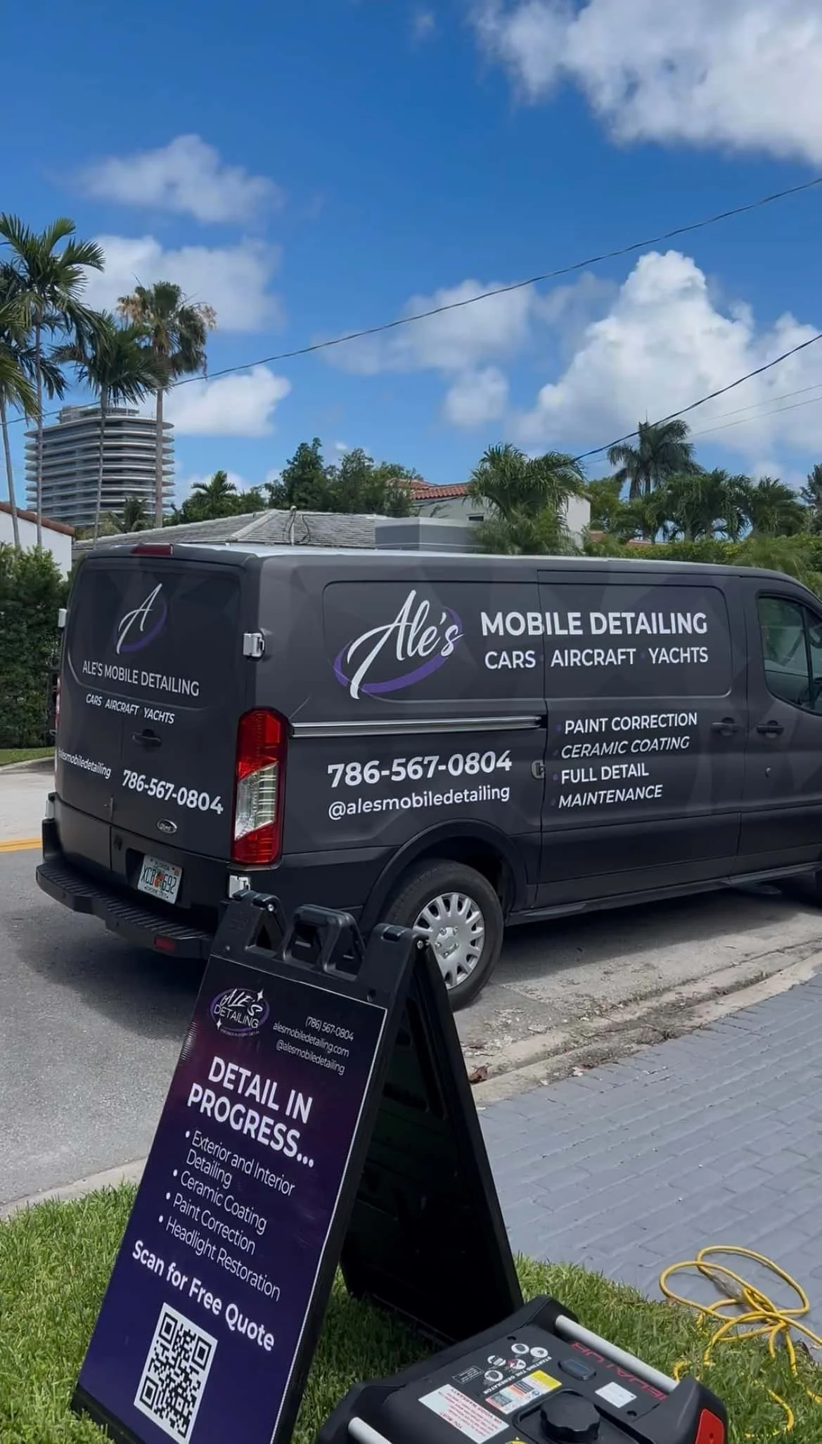 Ale's Mobile Detailing van set up at a client's home in Miami
