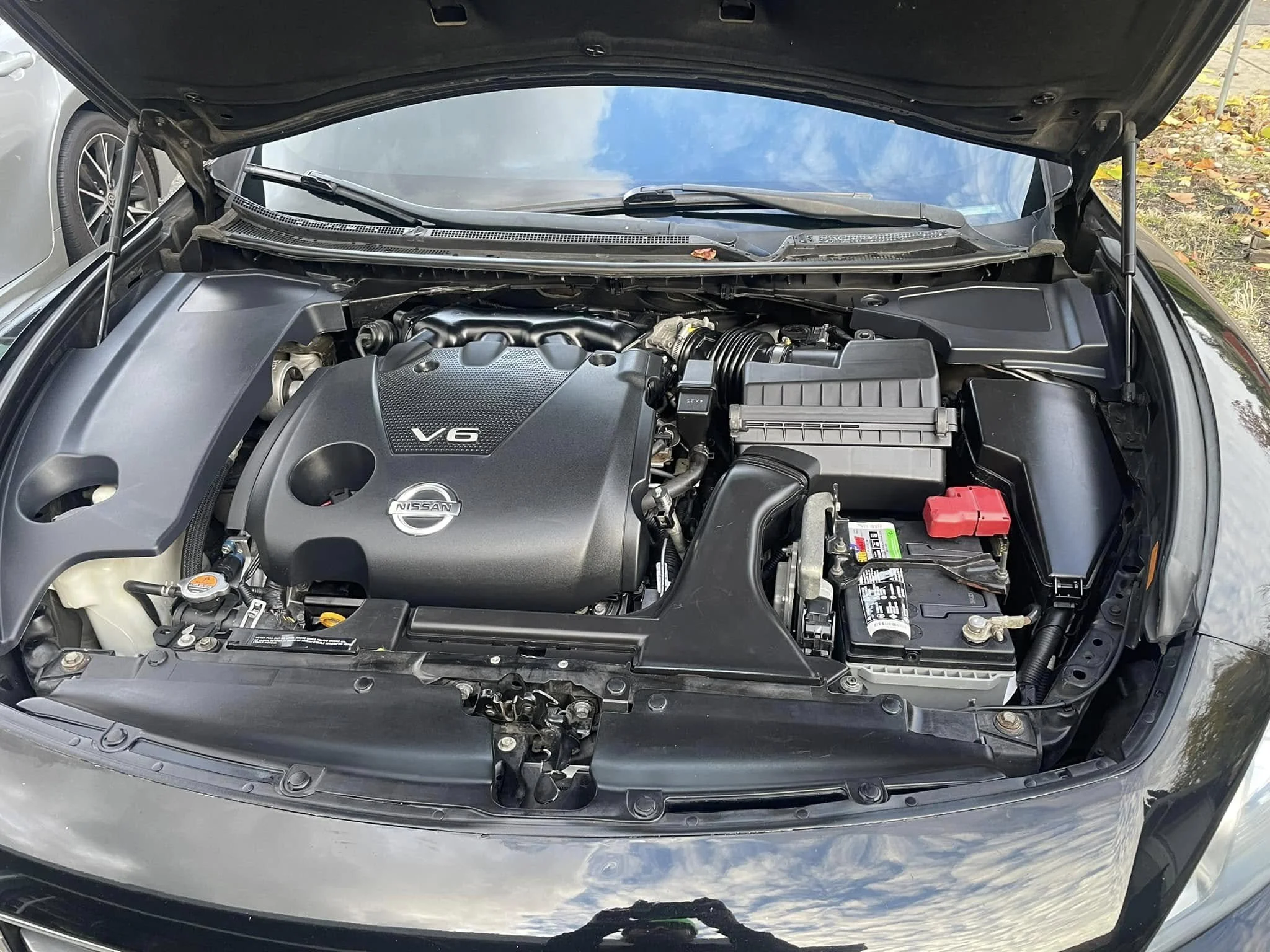 Before engine bay detailing showing grimy engine