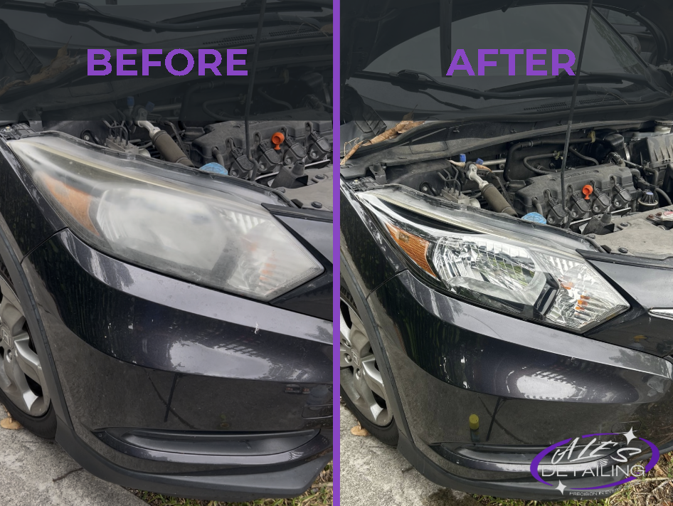 Before and after headlight restoration in Miami showing crystal clear results