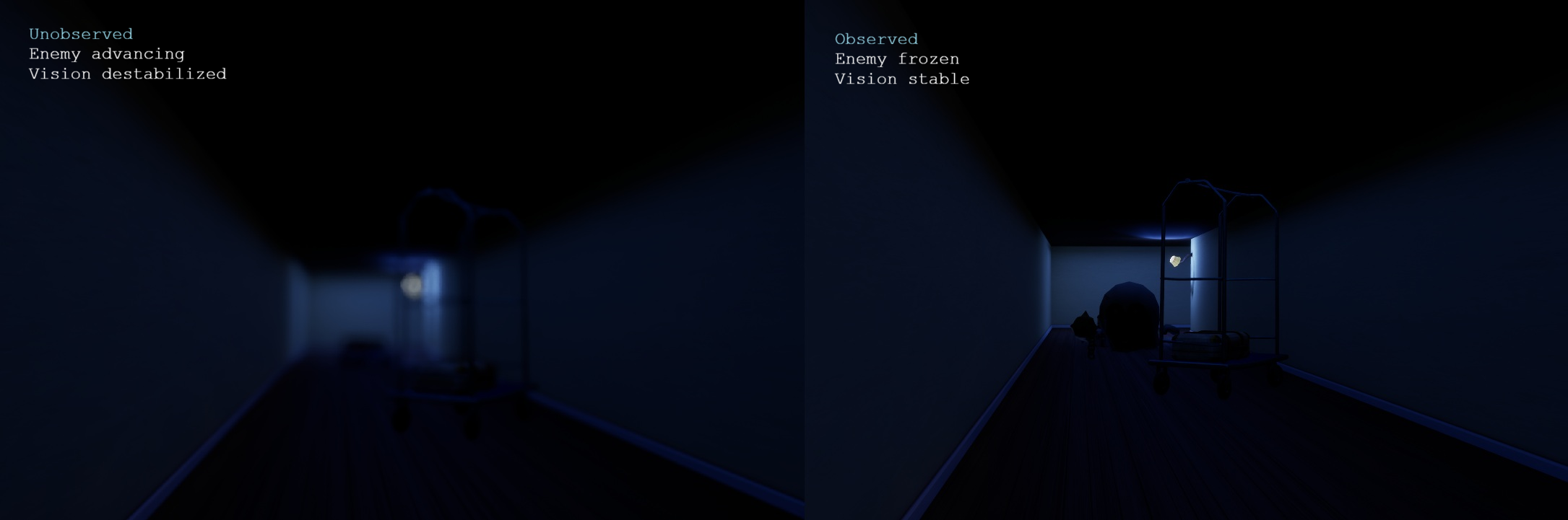 Observed vs unobserved enemy states with visual feedback