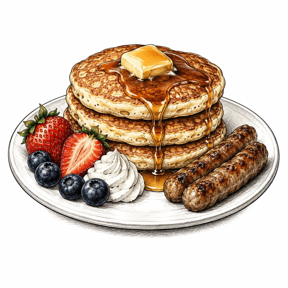 Pen-and-ink illustration of pancakes with sausage, fruit and whipped cream