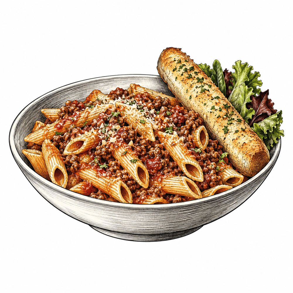 Pen-and-ink illustration of penne with Bolognese, a breadstick and salad