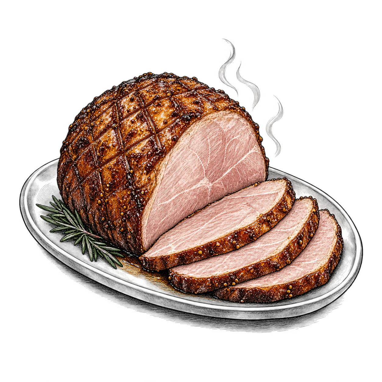 Pen-and-ink illustration of glazed ham with carved slices on a platter