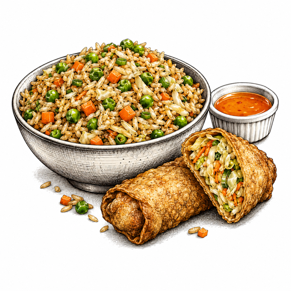 Pen-and-ink illustration of vegetable fried rice with egg rolls and orange sauce