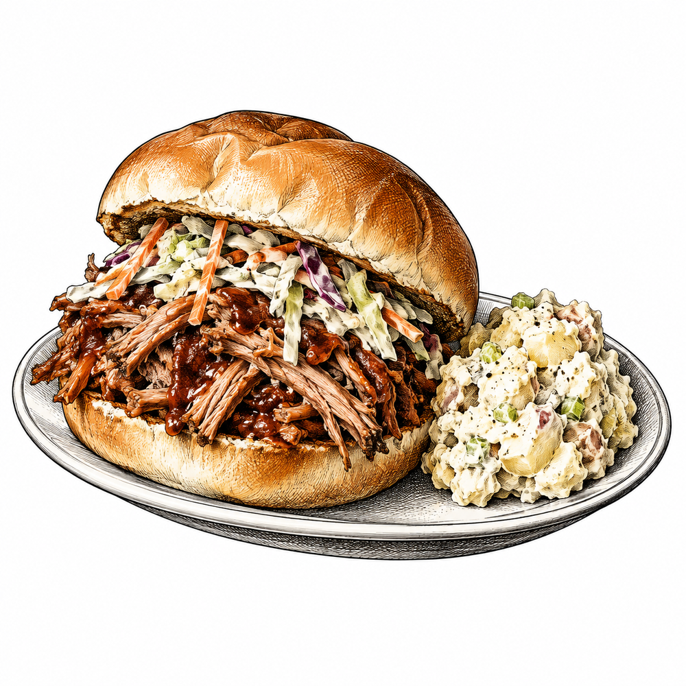 Pen-and-ink illustration of pulled pork on a bun with coleslaw and potato salad