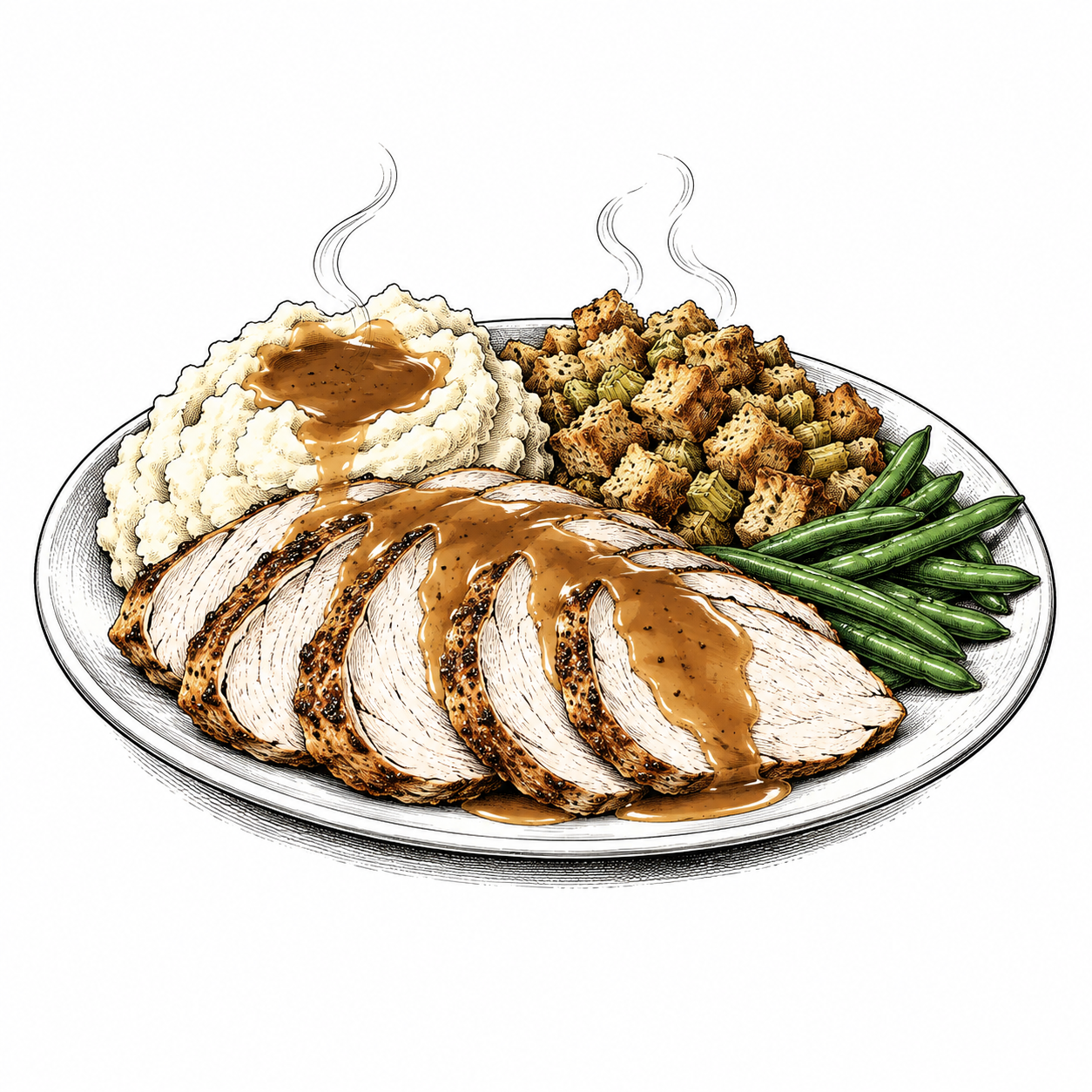 Pen-and-ink illustration of sliced turkey with gravy, mashed potatoes, stuffing and green beans