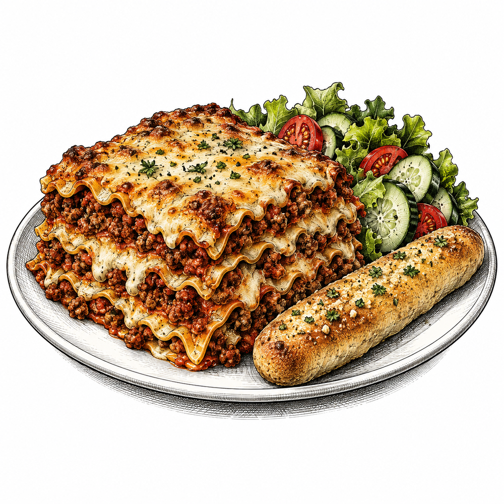 Pen-and-ink illustration of meat lasagna with a breadstick and garden salad