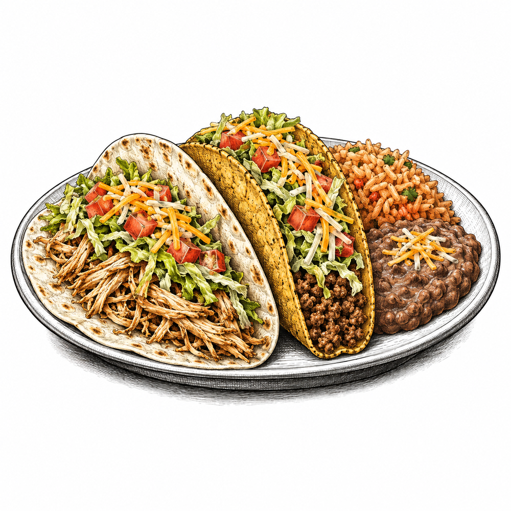 Pen-and-ink illustration of tacos with rice and refried beans