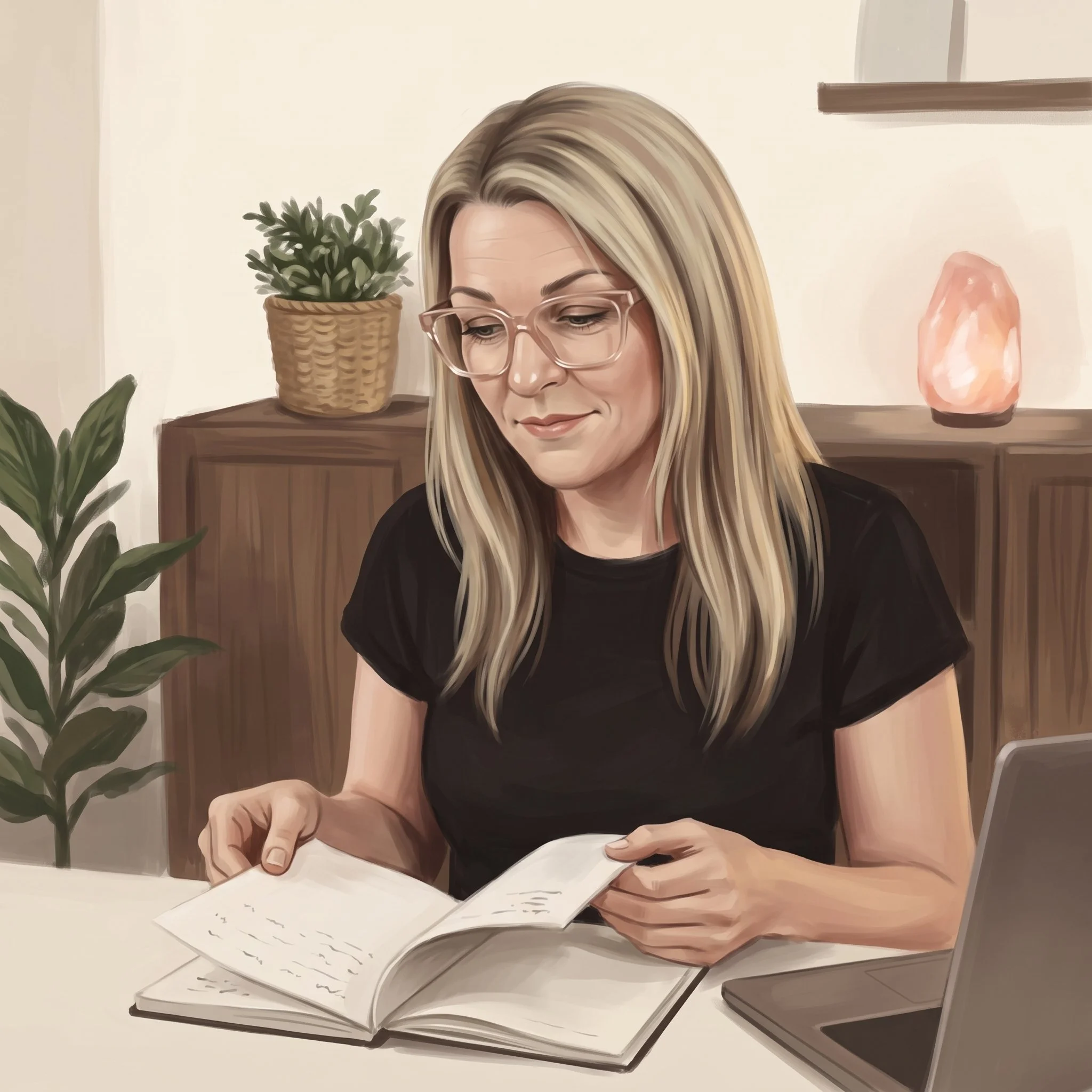 Illustration of Nardia reading back through her notebook at her desk at home
