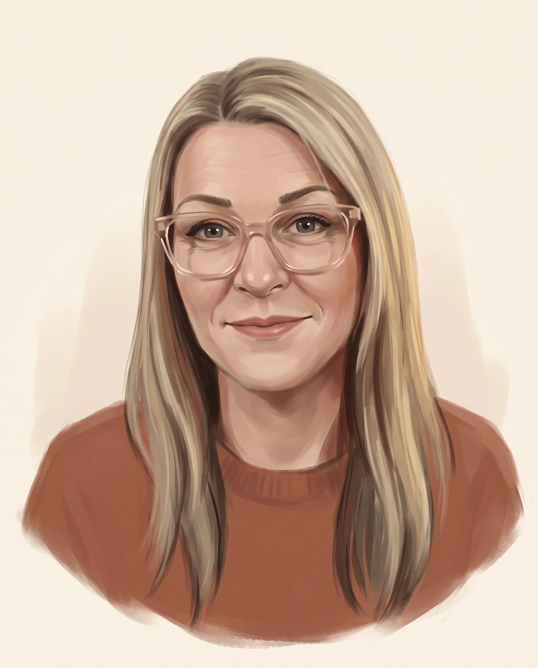 Illustrated portrait of Nardia in a terracotta jumper, smiling