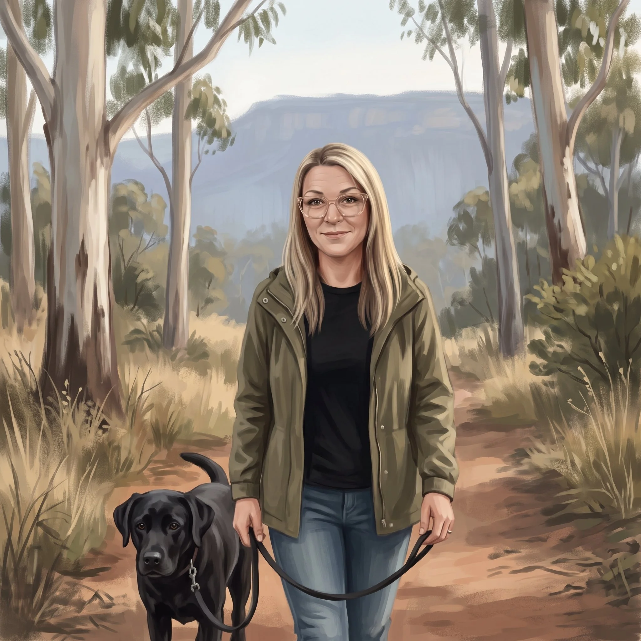 Illustration of Nardia walking her black Labrador, Bentley, on a bush track in the Blue Mountains