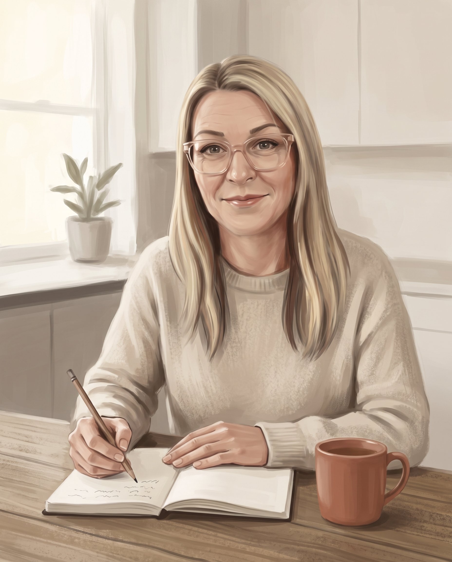 Illustration of Nardia writing in a notebook at her kitchen table, smiling at the camera