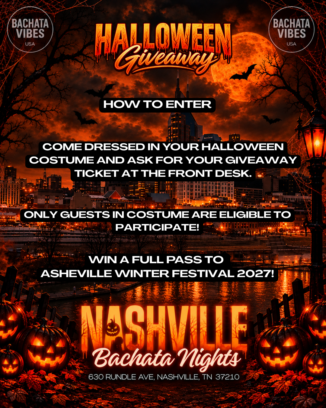 Come in a Halloween costume and ask for a giveaway ticket at the front desk. Only guests in costume can participate. Prize: a full pass to Asheville Winter Festival 2027.