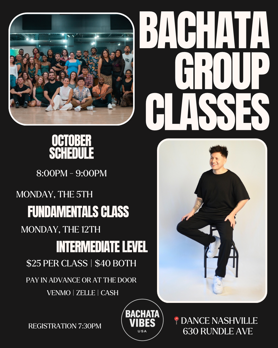 October bachata group class schedule: fundamentals October 5, intermediate October 12, 8–9 pm