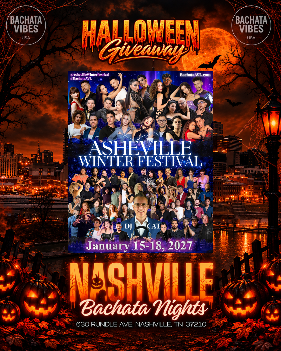Halloween giveaway featuring a full pass to Asheville Winter Festival, January 15–18, 2027.