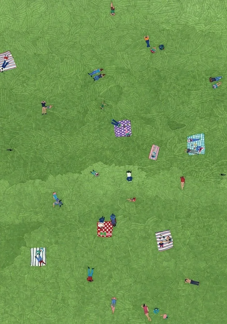 Illustration of people on picnic blankets across a green field, seen from above